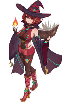 1girl absurdres black_cape black_hat bob_cut book boots breasts brown_legwear cape chest_jewel closed_mouth covered_navel detached_sleeves earrings fingerless_gloves fire full_body gem gloves gonzarez hat high_heel_boots high_heels highres holding holding_book jewelry large_breasts looking_at_viewer nintendo pantyhose pantyhose_under_shorts pyra_(xenoblade) pyrokinesis red_boots red_eyes red_hair short_hair short_shorts shorts simple_background smile solo standing white_background wide_sleeves witch witch_hat xenoblade_chronicles_(series) xenoblade_chronicles_2