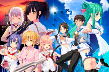 1boy 6+girls armband ass black_hairband black_pants black_thighhighs blue_armband blue_sky boots braid braided_ponytail brown_hair clenched_teeth closed_eyes collared_shirt day dress_shirt dusk green_hair gun hair_ornament hair_over_one_eye hair_ribbon hairband hairclip heart heart_print highres holding holding_gun holding_weapon hotori_misaki hug_from_side katagiri_nanase kisaragi_chiyuki kotoyose_fumino long_sleeves medium_hair mole mole_under_eye multiple_girls nukigee_mitai_na_shima_ni_sunderu_watashi_wa_dou_surya_ii_desu_ka? official_art onabuta_ikuko one_eye_closed open_mouth outdoors pants pink_hair pink_shirt purple_hair reizeiin_touka ribbon rifle sex_toy shirt short_sleeves skirt sky smile sniper_rifle tachibana_asane tachibana_junnosuke tadasugawa_rei teeth thighhighs watarai_hinami weapon white_boots white_shirt yellow_eyes