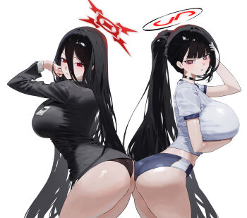 Rule 34 | 2girls, absurdres, ass, ass-to-ass, black hair, black panties, blue archive, blue buruma, blush, breasts, buruma, chan (dlgkal123), commentary, cosplay, costume switch, cowboy shot, english commentary, gym shirt, gym uniform, hasumi (blue archive), hasumi (blue archive) (cosplay), hasumi (track) (blue archive), highres, huge breasts, id card, large breasts, long hair, long sleeves, looking at viewer, multiple girls, no wings, panties, ponytail, rio (blue archive), rio (blue archive) (cosplay), shirt, simple background, standing, sweat, thick thighs, thighs, underwear, very long hair, white background, white shirt