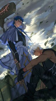2boys archer_(fate) armor black_gloves black_shirt black_shoes blue_capelet blue_hair blue_sky breastplate capelet closed_eyes collar commentary_request cu_chulainn_(caster)_(fate) cu_chulainn_(fate) dark-skinned_male dark_skin earrings elbow_gloves facial_mark fate/grand_order fate_(series) fingerless_gloves full_body fur_hood gloves grass highres holding holding_weapon hood jewelry leaf long_hair looking_at_viewer loose_hair_strand male_focus multiple_boys muscular muscular_male open_mouth red_eyes robe scarf shirt shoes sitting sky smile spiked_hair standing weapon white_hair y1n