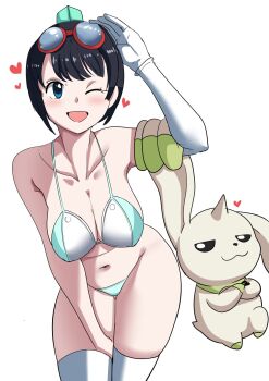 Rule 34 | 1girl, bare shoulders, bent over, black hair, blue eyes, bra, breasts, cleavage, cowboy shot, crossed arms, digimon, digimon (creature), digimon story: time stranger, elbow gloves, gloves, goggles, green bra, green hat, green pants, hat, heart, highres, horns, large breasts, navel, one eye closed, pabsmikan, pants, short hair, single glove, single horn, terriermon, thighhighs, underwear, white bra, white gloves, white thighhighs, yuuki kanan