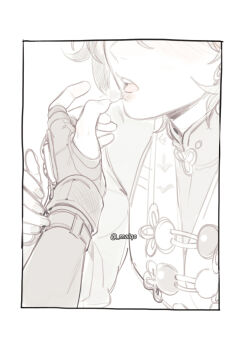 2girls belle_(delicate_sunlight)_(zenless_zone_zero) belle_(zenless_zone_zero) blush chinese_clothes close-up eyes_out_of_frame greyscale hand_grab head_out_of_frame highres maiqo monochrome mouth_focus multiple_girls official_alternate_costume open_mouth pov pov_hands saliva saliva_trail sketch teeth tongue tongue_out upper_teeth_only yixuan_(zenless_zone_zero) yuri zenless_zone_zero