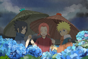 Rule 34 | 1girl, 2boys, black hair, blonde hair, blue eyes, blush, closed eyes, facial mark, flower, haruno sakura, hydrangea, multiple boys, n y, naruto (classic), naruto (series), pink hair, rain, short hair, smile, team 7 (naruto), uchiha sasuke, umbrella, uzumaki naruto, whisker markings