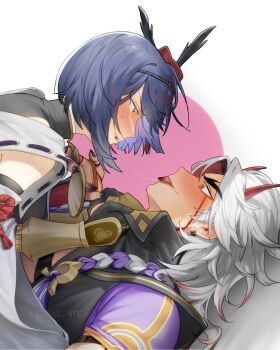 Rule 34 | 1boy, 1girl, arataki itto, arm guards, bird mask, black bodysuit, black gloves, black nails, black shirt, blood on mouth, blood on tongue, blush, bodysuit, circle, closed mouth, colored inner hair, commentary, earrings, english commentary, facial mark, genshin impact, gloves, highres, holding medal, horns, japanese clothes, jewelry, kujou sara, long hair, looking at another, lying, mask, mask on head, multicolored hair, on back, oni, profile, purple hair, red eyes, red hair, red horns, red mask, red rope, rope, saliva, saliva trail, shirt, short hair, smile, sweatdrop, tengu mask, thick eyebrows, tongue, tongue out, twitter username, two-tone hair, unholymilk, upper body, variant set, white background, white hair, wide sleeves, yellow eyes