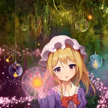 Rule 34 | 1girl, absurdres, blonde hair, bow, bowtie, chinese commentary, collared dress, commentary, contrast collar, dress, frilled shirt collar, frills, hat, hexagram, highres, long hair, long sleeves, looking at viewer, maribel hearn, mob cap, open mouth, purple eyes, red bow, red bowtie, sleeve cuffs, solo, tagme, touhou, user rrhd5852, white hat