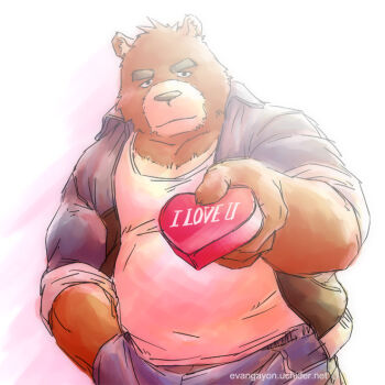 1boy animal_ears bara bear_boy bear_ears belly blue_jacket blue_pants brown_fur closed_mouth commentary_request english_text fat fat_man furry furry_male hand_in_pocket incoming_gift jacket juuichi_mikazuki looking_at_viewer male_focus morenatsu pants tank_top track_jacket track_pants ucchinu white_background white_tank_top