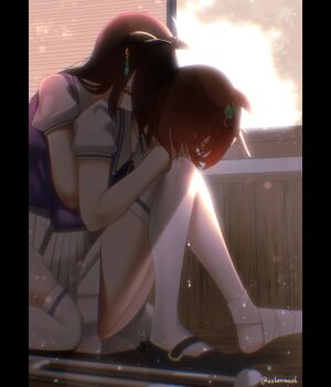 2girls absurdres agnes_tachyon_(umamusume) ahoge animal_ears ashenmash bandaged_foot bandages black_hair brown_hair closed_eyes crutch ear_tag earrings hair_between_eyes head_on_another&#039;s_shoulder highres horse_ears horse_girl hug hug_from_behind indoors injury jewelry long_bangs long_hair long_hair_between_eyes manhattan_cafe_(umamusume) multicolored_hair multiple_girls pleated_skirt puffy_short_sleeves puffy_sleeves purple_serafuku purple_shirt sailor_collar sailor_shirt school_uniform serafuku shirt shoes short_hair short_sleeves single_earring single_thighhigh skirt thighhighs tracen_school_uniform umamusume white_hair white_sailor_collar white_skirt white_thighhighs window