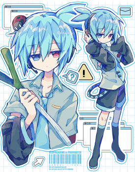1boy ? absurdres black_boots black_shorts blue_eyes blue_hair blue_necktie boots closed_mouth collarbone collared_shirt commentary_request cosplay cropped_torso cursor double-parted_bangs food full_body futaba969649 grey_shirt grid_background hair_between_eyes hatsune_mikuo hatsune_mikuo_(cosplay) heterochromia highres holding holding_food holding_spring_onion holding_vegetable knee_boots looking_at_viewer male_focus multiple_views necktie outline puyopuyo red_eyes shirt short_hair short_sleeves shorts sig_(puyopuyo) spoken_question_mark spring_onion standing tie_clip vegetable vocaloid watermark white_background white_outline window_(computing)