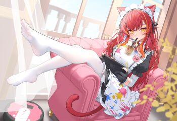 1girl animal_ears apron bandaged_arm bandages black_gloves black_nails breasts bubble_tea cat_ears cat_girl cat_tail commentary couch cup disposable_cup drinking_straw feet full_body gloves highres indoors long_hair looking_at_viewer maid maid_apron maid_headdress multicolored_hair nekota_tsuna no_shoes on_couch orange_hair pantyhose partially_fingerless_gloves red_hair short_sleeves sitting solo spread_toes streaked_hair tail toes virtual_youtuber vspo! white_apron white_pantyhose z.m._(zimin)