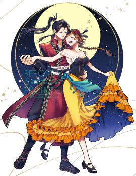 1boy 1girl absurdres agnea_bristarni black_hair braid braided_ponytail breasts brown_hair cleavage closed_eyes clothes_lift commentary_request dancing flower hair_flower hair_ornament high_ponytail highres hikari_ku large_breasts layered_skirt octopath_traveler octopath_traveler_ii open_mouth orange_skirt ponytail red_flower red_rose rose skirt skirt_lift smile togekawaaaaaa watermark white_background