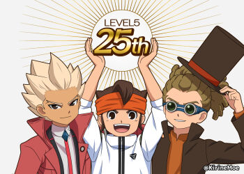 3boys black_hat blonde_hair brown_hair brown_jacket dark-skinned_male dark_skin dreadlocks endou_mamoru goggles gouenji_shuuya grey_background hat headband highres inazuma_eleven inazuma_eleven_(series) jacket kidou_yuuto kirinemoe long_hair looking_at_viewer male_focus multiple_boys open_clothes open_jacket open_mouth orange_headband orange_shirt red_jacket shirt spiked_hair top_hat twitter_username upper_body white_jacket