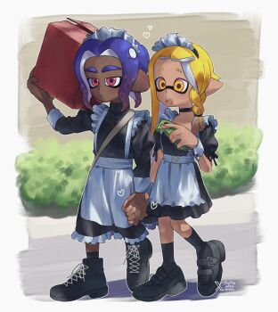 1boy 1girl apron ariamikukanzaki black_boots black_choker black_shoes black_socks blonde_hair blue_hair boots box braid breasts bush choker commentary crossdressing crossdressing_(mtf) dark-skinned_male dark_skin eyebrow_cut heart hetero highres hirooooo_(splatoon) holding holding_box holding_hands holding_phone inkling interracial maid maid_apron maid_headdress nintendo octoling phone pointy_ears red_eyes shoes side_braid single_sidelock small_breasts socks splatoon_(series) splatoon_3 tentacle_hair thick_eyebrows veronika_(splatoon) very_dark_skin wrist_cuffs yellow_eyes