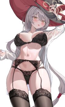 1girl absurdres arm_up black_bow black_bra black_hat black_panties black_thighhighs blue_archive blush bow bow_bra bow_panties bra braid breasts breasts_apart brown_halo cameltoe collared_shirt commentary cowboy_shot crossed_bangs eri_(blue_archive) fingernails floral_print garter_belt grey_hair groin hair_between_eyes halo hand_on_headwear hand_up harune_rane hat hat_bow highres jewelry large_breasts lingerie long_fingernails long_hair long_sleeves looking_at_viewer low-tied_long_hair low_ponytail multi-strapped_panties multicolored_hair multiple_rings nail_polish navel no_pants open_clothes open_shirt panties ponytail print_bra red_bow red_hat red_nails red_streaks ring see-through_clothes see-through_shirt shirt side_braid side_halo simple_background single_braid sleeves_past_wrists solo standing stomach streaked_hair sweatdrop thighhighs tongue tongue_out two-sided_fabric two-sided_headwear underwear very_long_hair white_background white_shirt witch_hat yellow_eyes