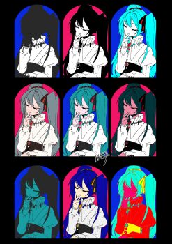 Rule 34 | 1girl, absurdres, alternate color, alternate costume, alternate hair color, aqua hair, black background, black bow, black corset, blue bow, blue gem, blue hair, bow, brooch, closed eyes, closed mouth, collar, color contrast, colored skin, commentary, corset, dot nose, double-parted bangs, eiku, expressionless, flat chest, frilled collar, frilled sleeves, frills, gem, hair between eyes, hair bow, hair intakes, hand on own chin, hatsune miku, head tilt, high collar, highres, inverted colors, jewelry, juliet sleeves, long hair, long sleeves, necklace, pale skin, pearl necklace, pink bow, pink gem, puffy sleeves, recurring image, red bow, red gem, shirt, sidelocks, signature, striped bow, twintails, two-tone bow, u u, upper body, v, variations, vocaloid, white shirt, white skin, yellow bow, yellow gem