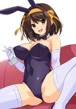 1girl :d absurdres animal_ears black_bow black_bowtie black_leotard bow bowtie breasts brown_eyes brown_hair cleavage commentary_request covered_navel detached_collar elbow_gloves fake_animal_ears gloves hair_ribbon hairband haruhisky highres large_breasts leotard looking_at_viewer official_alternate_costume open_mouth playboy_bunny rabbit_ears ribbon simple_background sitting smile solo suzumiya_haruhi suzumiya_haruhi_no_yuuutsu teeth thighhighs thighs tongue upper_teeth_only white_background white_gloves white_thighhighs white_wrist_cuffs wrist_cuffs yellow_hairband yellow_ribbon