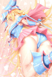Rule 34 | 1girl, absurdly long hair, absurdres, ass, bare legs, blonde hair, blue dress, blue footwear, blue hat, blue leotard, breasts, calcio, capelet, dark magician girl, dress, feet out of frame, from below, gauntlets, hair over eyes, hand on headwear, hat, highres, holding, holding wand, large breasts, leotard, long hair, off-shoulder dress, off shoulder, pink capelet, pink skirt, skindentation, skirt, solo, tight clothes, very long hair, wand, witch hat, yu-gi-oh!