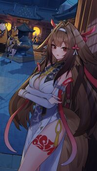 2boys 3girls absurdres bare_shoulders blonde_hair blush breasts brother_and_sister brown_hair china_dress chinese_clothes crossed_arms detached_sleeves dress glasses green_eyes hair_ribbon highres horse_boy horse_girl horse_tail ju_fufu large_breasts leg_tattoo long_hair looking_at_viewer multiple_boys multiple_girls open_mouth panda red_eyes red_ribbon ribbon shumai_il siblings tail tattoo thighs tiger_girl white_dress white_hair ye_shiyuan ye_shunguang yixuan_(zenless_zone_zero) zenless_zone_zero