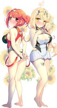 2girls alternate_hairstyle arms_behind_back ass back_cutout bare_arms bare_shoulders barefoot black_one-piece_swimsuit blonde_hair blush braid breasts cleavage cleavage_cutout closed_mouth clothing_cutout commentary_request dress earrings floral_background flower full_body gem green_gemstone heel_up highres jewelry large_breasts long_hair looking_at_viewer low-braided_long_hair low-tied_long_hair multiple_girls mythra_(xenoblade) no_gloves official_alternate_costume one-piece_swimsuit ponytail pyra_(pro_swimmer)_(xenoblade) pyra_(xenoblade) red_eyes red_hair short_dress short_hair standing steepled_fingers sunflower swimsuit thigh_strap tiara watsuki_ayamo white_background white_dress xenoblade_chronicles_(series) xenoblade_chronicles_2 yellow_eyes