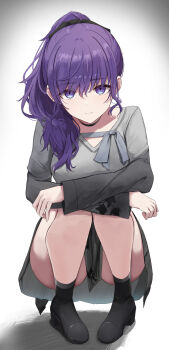 Rule 34 | 1girl, arms on knees, asahina mafuyu, black choker, black dress, black ribbon, black shoes, block heels, breasts, choker, closed mouth, commentary, convenient skirt, crossed arms, dot nose, dress, expressionless, full body, gradient clothes, gradient dress, grey dress, grey ribbon, grey skirt, hair between eyes, hair over shoulder, hair ribbon, high ponytail, highres, kunizaki, large breasts, long hair, long sleeves, looking at viewer, ponytail, project sekai, purple eyes, purple hair, ribbon, shadow, shoes, sidelocks, simple background, skirt, socks, solo, squatting, thighs, wedge heels, white background