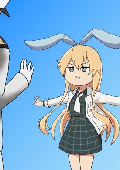 Rule 34 | 1boy, 1girl, admiral (kancolle), animal ear hairband, animal ears, blonde hair, blue background, commentary request, dress, fake animal ears, gradient background, grey dress, grey eyes, grey hairband, hairband, highres, jacket, kantai collection, long hair, long sidelocks, neckerchief, outstretched arms, plaid clothes, plaid dress, pout, rabbit ear hairband, rabbit ears, shimakaze (lawson) (kancolle), sidelocks, solo focus, white jacket, white neckerchief, zakkyun
