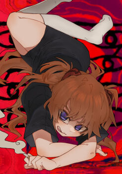 Rule 34 | 1girl, @ @, absurdres, alternate costume, angry, arakianco, black shirt, blue eyes, cigarette, colored eyebrows, highres, holding, holding cigarette, interface headset (evangelion), long hair, lying, nail polish, neon genesis evangelion, on stomach, open mouth, orange hair, red background, shirt, smoke, socks, souryuu asuka langley, teeth, twintails, twitter username, upper teeth only, white socks