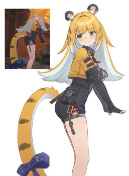 1girl animal_ear_fluff animal_ears bare_legs black_gloves black_shorts blue_bow blunt_bangs bow colored_inner_hair commentary cropped_jacket elbow_gloves fingerless_gloves from_side gloves green_eyes high-waist_shorts highres jacket ju_fufu loli looking_back multicolored_hair orange_hair orange_jacket pla0658 reference_inset short_shorts shorts simple_background smile solo tail tail_bow tail_ornament tiger_ears tiger_girl tiger_tail two-tone_hair white_background white_hair zenless_zone_zero