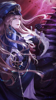 1girl absurdres ascot augustus_(path_to_nowhere) black_gloves black_pants blonde_hair blue_ascot blue_eyes blue_hat blue_jacket diffraction_spikes embers feet_out_of_frame floating_hair frilled_cuffs from_side gloves glowing glowing_eyes hair_between_eyes half_gloves hat hat_ornament heibai_bangbing highres holding holding_reins horse horseback_riding jacket kepi lens_flare lightning long_hair looking_at_viewer looking_to_the_side military_hat military_jacket military_uniform pants path_to_nowhere pointing pointing_at_viewer pointing_melee_weapon rain rapier red_background reins riding signature smile solo sword very_long_hair weapon