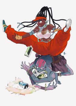 Rule 34 | 1boy, 1girl, anklet, baggy pants, bald, bracelet, breasts, cleavage, colored skin, crop top, dark-skinned female, dark skin, dhalsim, dreadlocks, earbuds, earphones, fighting, fingerless gloves, gloves, grey skin, highres, hiroshi mono, jewelry, jumping, kimberly jackson, large breasts, no pupils, official alternate color, official alternate costume, official alternate hairstyle, pants, scarf, shoes, simple background, sneakers, spray can, spread legs, squatting, street fighter, street fighter 6, tattoo, very dark skin, visor cap