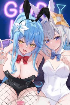 2girls 7nopi :d absurdres ahoge alternate_costume amane_kanata animal_ear_hairband animal_ears arm_over_shoulder black_hairband black_leotard black_pantyhose blue_bow blue_bowtie blue_hair blue_nails bob_cut bow bowtie breasts cleavage closed_mouth colored_inner_hair colored_tips couch covered_navel crossed_bangs detached_collar double-parted_bangs fake_animal_ears fang fishnet_pantyhose fishnets flower grey_hair hair_between_eyes hair_flower hair_ornament hairband halo hand_up hashtag-only_commentary heart heart_ahoge highres hololive indoors large_breasts leotard long_hair looking_at_viewer multicolored_hair multiple_girls nail_polish on_couch open_mouth pantyhose pink_hair playboy_bunny pointy_ears ponytail purple_eyes rabbit_ear_hairband rabbit_ears red_bow red_bowtie short_hair single_hair_intake sitting skin_fang small_breasts smile star_halo strapless strapless_leotard streaked_hair thumbs_up v very_long_hair virtual_youtuber white_hairband white_leotard white_pantyhose white_wrist_cuffs wrist_cuffs yellow_eyes yukihana_lamy