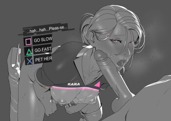 1boy 1girl android breasts button_prompt choice detroit:_become_human greyscale hetero high_heels highres humanoid_robot john_doe_(jdart) kara_(detroit) kneeling lips looking_at_penis monochrome nude open_mouth penis penis_on_face robophilia robot robot_girl see-through_clothes short_hair sweat thighs uncensored yellow_eyes