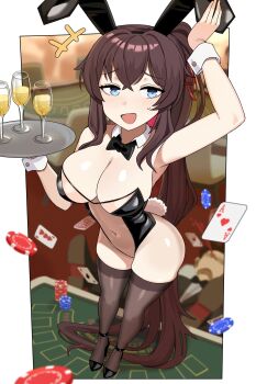 1girl absurdres animal_ears black_bow black_bowtie black_leotard black_thighhighs blue_eyes bow bowtie breasts brown_hair card casino_card_table cleavage commentary cup detached_collar drinking_glass english_commentary high_heels highres holding holding_tray large_breasts leotard long_hair looking_at_viewer on_table original peps_art playboy_bunny playing_card poker_chip ponytail rabbit_ears solo sweatdrop table termichan_(not-a-bot) thighhighs tray wine_glass