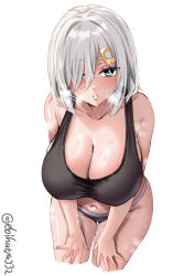 Rule 34 | 1girl, artist name, bare shoulders, black sports bra, blue eyes, blush, breasts, cleavage, collarbone, commentary, cowboy shot, cropped legs, ebifurya, grey hair, hair ornament, hair over one eye, hairclip, hamakaze (kancolle), hanging breasts, heavy breathing, highres, kantai collection, large breasts, leaning forward, looking at viewer, medium hair, navel, one-hour drawing challenge, parted lips, sidelocks, simple background, skindentation, sleeveless, solo, sports bra, steam, steaming body, stomach, sweat, thighs, twitter username, white background