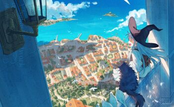 1girl bird blue_hair blue_sky cat closed_eyes cloud day dove dress flock hat hinata_(echoloveloli) open_mouth original railing scenery sitting sky smile sunlight town witch witch_hat