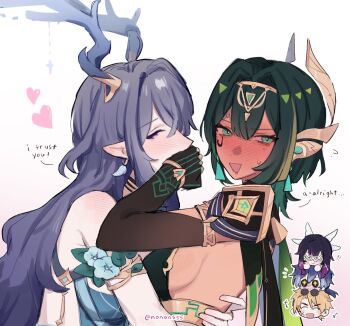 +_+ 2boys 3girls antlers black_hair blonde_hair blue_dress blush breasts closed_eyes columbina_(genshin_impact) dark-skinned_female dark_skin deer_antlers dress earrings elbow_gloves english_text eye_mask flins_(genshin_impact) full-face_blush genshin_impact gloves green_dress green_eyes green_hair hair_ornament heart horns hug jewelry lauma_(genshin_impact) long_hair mask multicolored_hair multiple_boys multiple_girls nefer_(genshin_impact) nonons open_mouth pointy_ears sideboob simple_background smile varka_(genshin_impact) white_background white_mask x-shaped_eyewear yuri