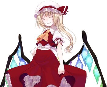 Rule 34 | 1girl, ascot, back bow, blonde hair, bow, center frills, closed eyes, collared shirt, commentary request, cowboy shot, cropped vest, crote, crystal wings, flandre scarlet, frilled shirt collar, frilled skirt, frilled sleeves, frills, hat, hat ribbon, highres, large variant set, layered skirt, long hair, long skirt, mob cap, puffy short sleeves, puffy sleeves, red ribbon, red skirt, red vest, ribbon, shirt, short sleeves, side ponytail, skirt, sleeve ribbon, smile, solo, tachi-e, teeth, touhou, transparent background, variant set, vest, white bow, white hat, white shirt, wing collar, wings, yellow ascot