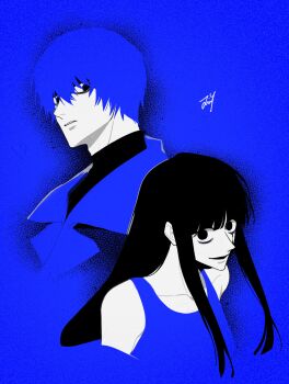 Rule 34 | 1boy, 1girl, absurdres, alternate color, bbabbamis2, black eyes, black hair, blue background, blue dress, blue eyes, blue hair, blue theme, dilated pupils, dress, highres, homicipher, long hair, looking at viewer, mr. scarletella, ms. blue-clad, player 2, short hair, simple background, turtleneck