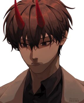 1boy aegyo_sal backlighting black_eyes black_hair black_shirt blank_stare coat collared_shirt demon_horns expressionless highres horns kim_dokja male_focus nadardoh official_alternate_costume omniscient_reader&#039;s_viewpoint open_clothes open_coat partially_shaded_face popped_collar portrait shirt short_hair solo white_coat