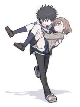 1boy 1girl a_certain_high_school_uniform black_hair black_jacket black_pants black_skirt black_socks brown_eyes brown_hair brown_jacket carrying commentary_request eye_contact highres jacket kamijou_touma kneehighs looking_at_another miniskirt misaka_mikoto mxnyal pants plaid_clothes plaid_skirt princess_carry school_uniform short_hair shorts shorts_under_skirt simple_background skirt socks spiked_hair toaru_kagaku_no_railgun toaru_majutsu_no_index toaru_majutsu_no_index:_new_testament tokiwadai_school_uniform winter_uniform