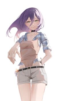 1girl absurdres belt black_belt black_choker black_hair brown_leotard chainsaw_man choker closed_mouth green_eyes grenade_pin grey_shirt grey_shorts hair_between_eyes highres leotard long_hair maymea plaid_clothes plaid_shirt purple_hair reze_(chainsaw_man) shirt shorts simple_background smile solo white_background