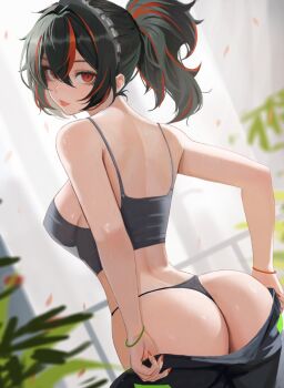 1girl ass back bare_shoulders black_hair black_panties breasts closed_mouth cowboy_shot crop_top dutch_angle from_behind g-string hair_between_eyes highres indoors large_breasts looking_at_viewer looking_back medium_hair multicolored_hair neo_(neorarty3) orange_eyes panties ponytail red_eyes red_hair sidelocks solo streaked_hair string_panties sweat thong two-tone_hair underwear zenless_zone_zero zhu_yuan