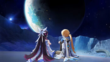 1boy 1girl absurdres aether_(as_heaven_and_earth_are_made_anew)_(genshin_impact) aether_(genshin_impact) black_gloves black_hair blonde_hair coat columbina_(genshin_impact) commentary_request dress earrings feathered_wings from_behind genshin_impact gloves grey_pants head_wings highres jewelry lens_flare long_hair long_sleeves looking_at_another lunar_surface moonui multicolored_hair on_moon pants partially_fingerless_gloves planet ponytail purple_hair sitting sky space star_(sky) starry_sky teyvat two-tone_hair white_coat white_dress white_wings wings