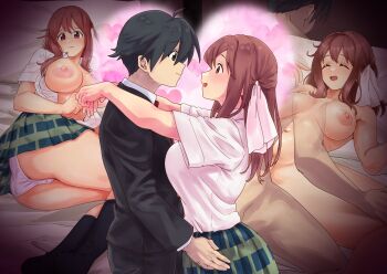 Rule 34 | 1boy, 1girl, absurdres, ahoge, black hair, blush, breasts, breasts out, crossover, eggprotain, hair ornament, hair ribbon, hetero, highres, itou makoto (school days), large breasts, long hair, missionary, nipples, open mouth, red hair, ribbon, sakura trick, school days, school uniform, short hair, skirt, smile, takayama haruka