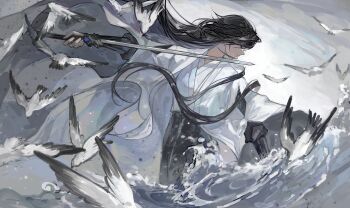 1boy absurdres black_hair black_hanfu black_sleeves chinese_clothes closed_mouth coat covered_eyes curtained_hair daxiushan expressionless facing_to_the_side floating_clothes floating_hair hanfu highres holding holding_sword holding_weapon jian_(weapon) jiaoling_ruqun long_hair long_sleeves male_focus open_clothes open_coat outdoors outstretched_arm parted_bangs profile reverse_grip robe shiyue950 solo standing sword wading water weapon white_coat white_hanfu white_robe wide_sleeves yi_meng_jianghu