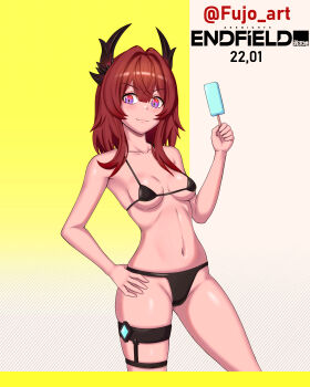 absurdres arknights bikini commentary english_commentary highres horns non-web_source purple_eyes red_hair surtr_(arknights) swimsuit white_background