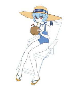 ayanami_rei blue_hair blue_one-piece_swimsuit coconut coconut_cup collar flip-flops fruit_as_cup hair_between_eyes hat highres neon_genesis_evangelion one-piece_swimsuit red_eyes sandals sarissa_art short_hair sun_hat swimsuit