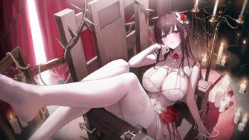 1girl absurdres as4_s2 blush breasts candle chair cleavage commentary flower goddess_of_victory:_nikke highres large_breasts long_hair looking_at_viewer mihara_(bonding_chain)_(nikke) mihara_(bonding_chain)_(pain_eater)_(nikke) mihara_(nikke) parted_lips purple_eyes red_flower red_rose rose sitting solo thorns wooden_chair
