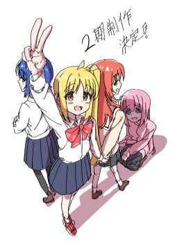 4girls ahoge announcement_celebration arm_up back-to-back black_pantyhose black_skirt blonde_hair blue_eyes blue_hair blue_skirt bocchi_the_rock! bow bowtie brown_shoes collared_shirt cube_hair_ornament dress_shirt bad_tag from_above full_body furrowed_brow gotoh_hitori green_eyes group_picture hair_ornament holding_hands ijichi_nijika jacket kessoku_band kita_ikuyo kneeling light_blush loafers long_hair long_sleeves looking_at_viewer miniskirt mole mole_under_eye multiple_girls one_side_up open_mouth orange_eyes outstretched_arm pantyhose pink_hair pink_jacket pleated_skirt polka_dot polka_dot_bow profile red_bow red_bowtie red_hair red_shoes sanbi1313 school_uniform shade shadow shimokitazawa_high_school_uniform shirt shoes short_hair shuka_high_school_uniform side_ponytail simple_background skirt sneakers socks standing sweater tareme track_jacket translation_request v white_background white_shirt white_socks wing_collar winter_uniform yamada_ryo
