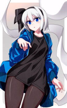 Rule 34 | 1girl, black bow, black bowtie, black thighhighs, blue eyes, blue jacket, bow, bowtie, commentary request, duplicate, ghost, highres, jacket, konpaku youmu, konpaku youmu (ghost), looking at viewer, pixel-perfect duplicate, sazanami mio, thighhighs, touhou, white hair