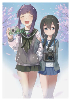 2girls black_eyes black_hair black_neckerchief blue_neckerchief blue_sailor_collar blue_skirt blunt_bangs braid branch camera cardigan cherry_blossoms closed_eyes commentary_request green_sailor_collar green_serafuku green_shirt green_skirt grey_cardigan hair_between_eyes hair_ribbon highres isonami_(kancolle) jacket kantai_collection kitakami_(kancolle) letterman_jacket long_hair multiple_girls neckerchief open_cardigan open_clothes open_jacket pleated_skirt ribbon sailor_collar sakiecho school_uniform serafuku shirt sidelocks skirt tress_ribbon twin_braids