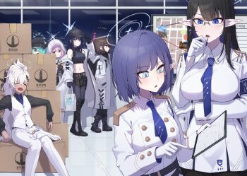 6+girls absurdres aoi_(blue_archive) arius_squad_(blue_archive) atsuko_(blue_archive) baseball_cap black_footwear black_hair black_hat black_pants black_shirt blue_archive blue_eyes blue_hair blue_necktie blush boots breasts buttons newsboy_cap closed_mouth collared_shirt colored_inner_hair dark-skinned_female dark_skin dress earrings glasses gloves green_eyes green_hair grey_hair haine_(blue_archive) hair_over_one_eye hat highres hiyori_(blue_archive) hood hood_up hooded_jacket jacket jewelry kokukyukeo large_breasts long_hair long_sleeves medium_breasts misaki_(blue_archive) mole mole_under_eye multicolored_hair multiple_girls navel necktie open_mouth pants pink_hair pointy_ears red_eyes rin_(blue_archive) saori_(blue_archive) shirt short_hair side_ponytail single_earring sleeveless sleeveless_shirt small_breasts smile vest white_dress white_gloves white_jacket white_pants white_vest
